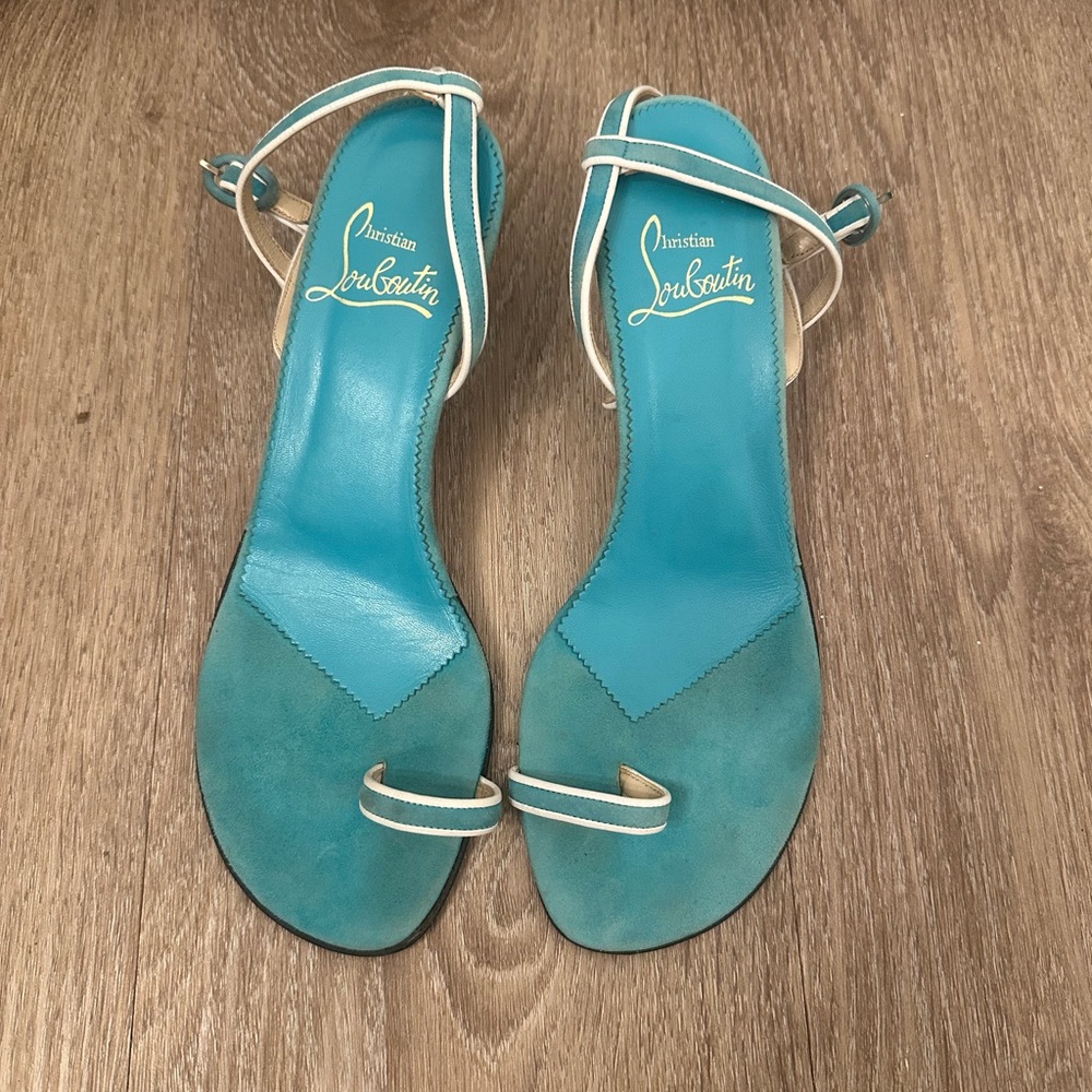 Christian Loubouton Turquoise and White Ankle-Strap Sandals